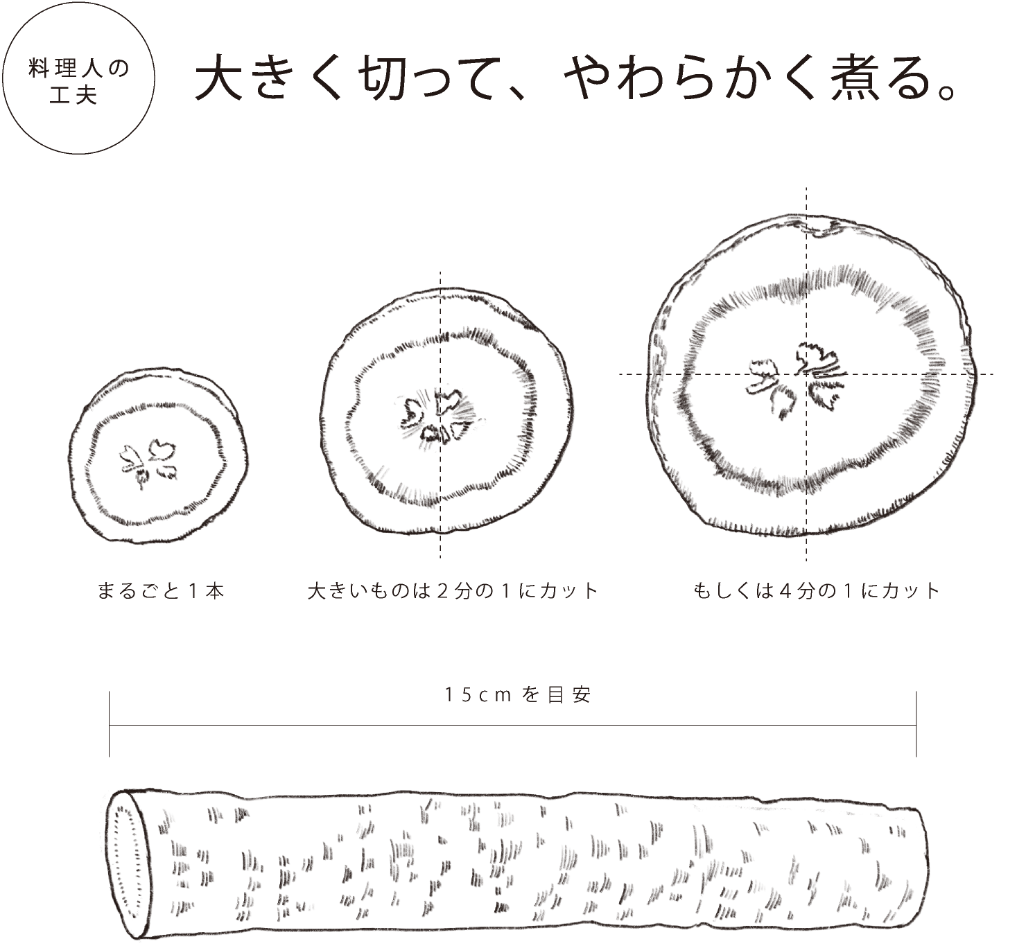 大きく切って、やわらかく煮る。